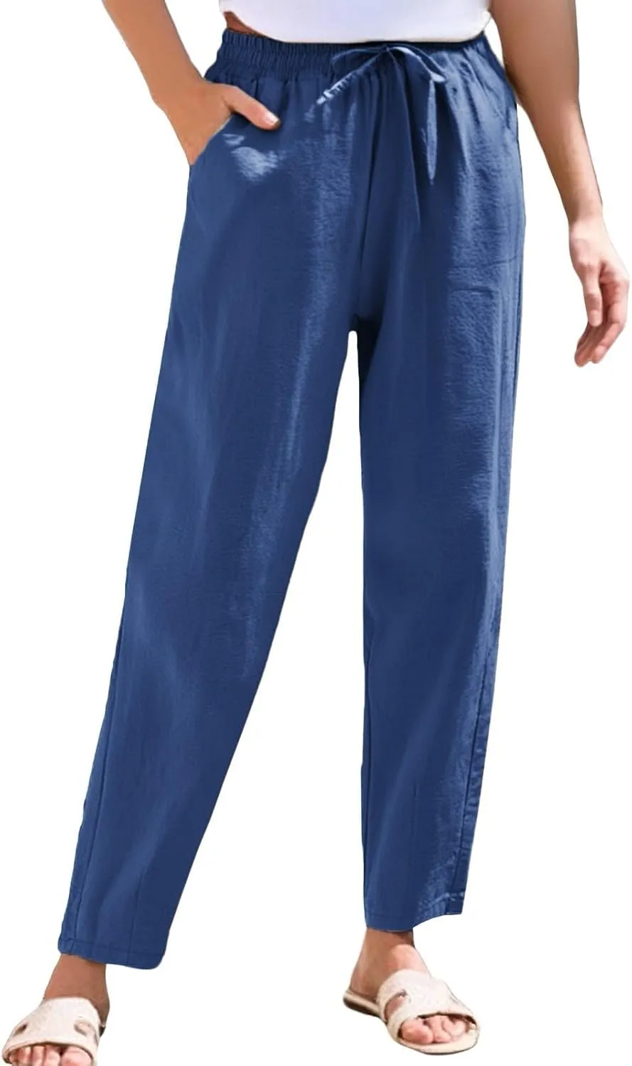 Women's Cotton Linen Straight Leg Pants Elastic Drawstring Casual Trousers with Pockets Summer Beach Lounge Pants