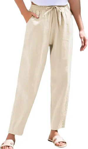 Women's Cotton Linen Straight Leg Pants Elastic Drawstring Casual Trousers with Pockets Summer Pants for Women
