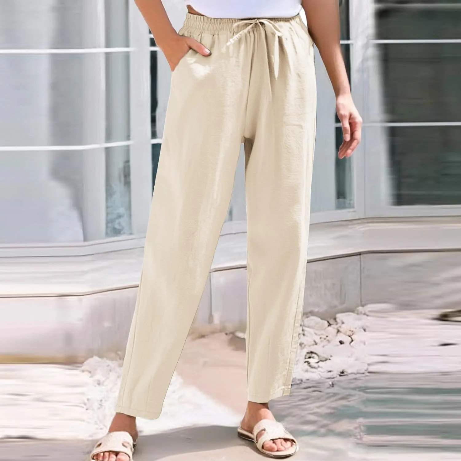 Women's Cotton Linen Straight Leg Pants Elastic Drawstring Casual Trousers with Pockets Summer Pants for Women