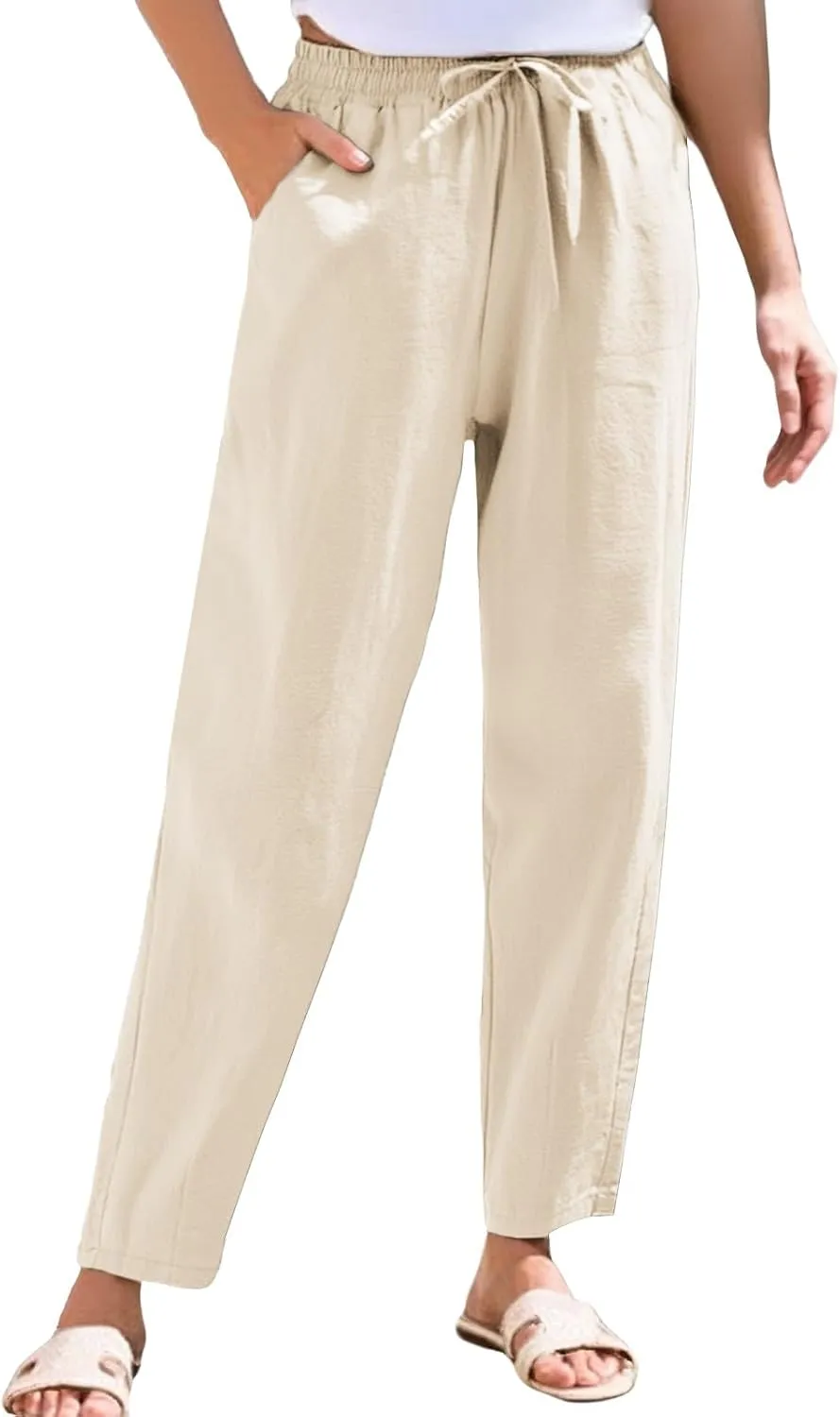 Women's Cotton Linen Straight Leg Pants Elastic Drawstring Casual Trousers with Pockets Summer Pants for Women