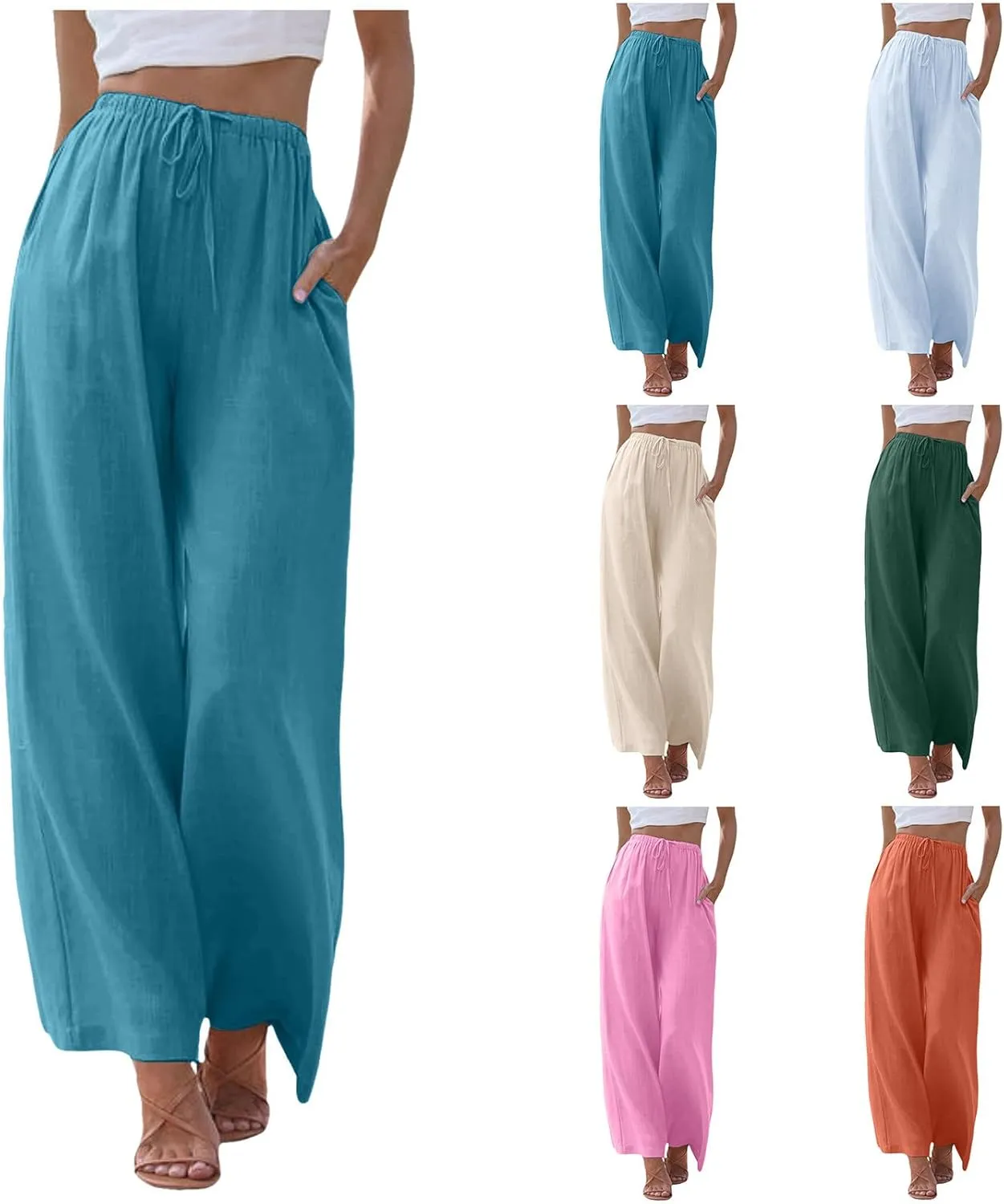 Women's Cotton Linen Summer Palazzo Pants Flowy High Waisted Comfy Wide Straight Leg Pants Beach Trousers with Pockets