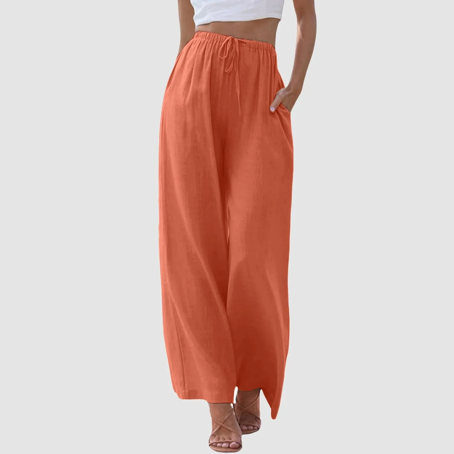 Women's Cotton Linen Summer Palazzo Pants Flowy High Waisted Comfy Wide Straight Leg Pants Beach Trousers with Pockets