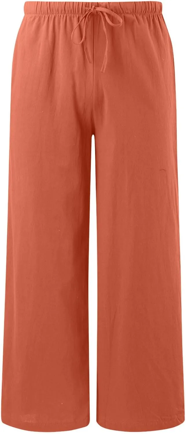 Women's Cotton Linen Summer Palazzo Pants Flowy High Waisted Comfy Wide Straight Leg Pants Beach Trousers with Pockets
