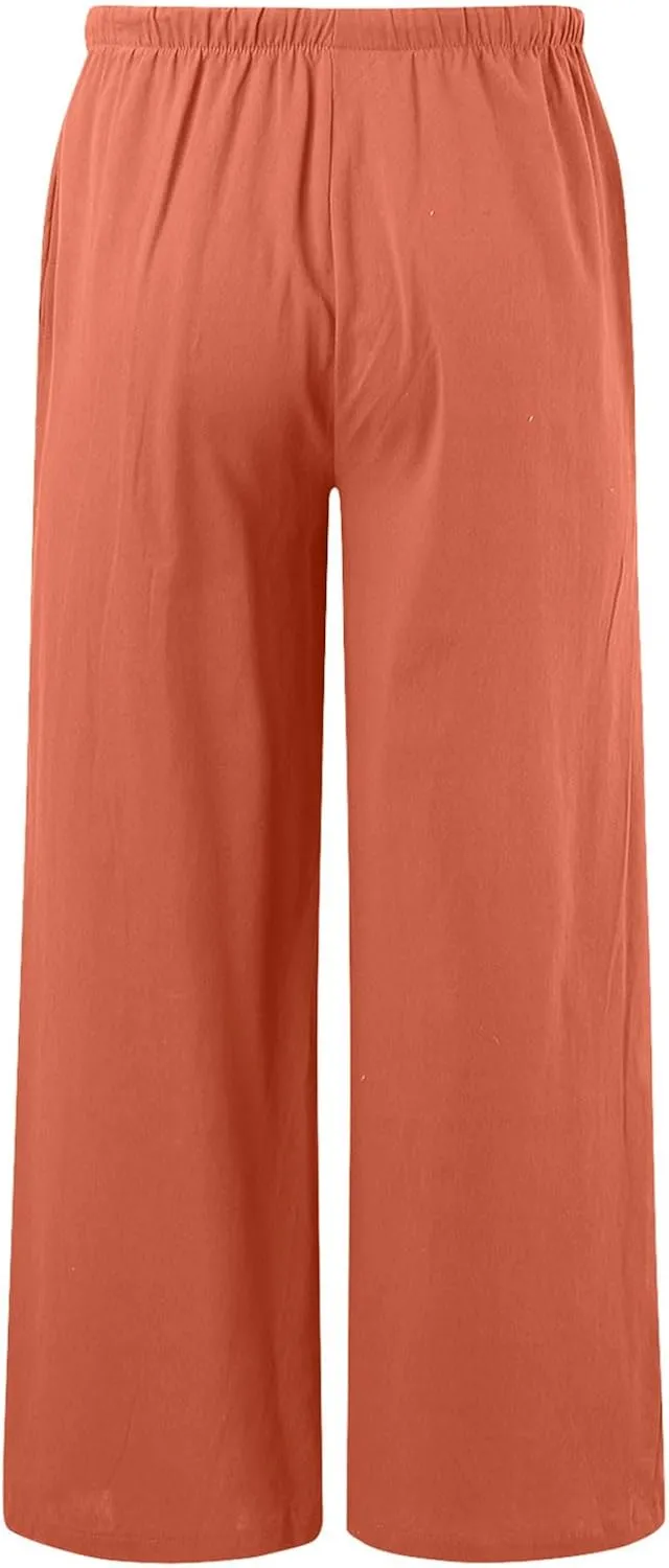 Women's Cotton Linen Summer Palazzo Pants Flowy High Waisted Comfy Wide Straight Leg Pants Beach Trousers with Pockets