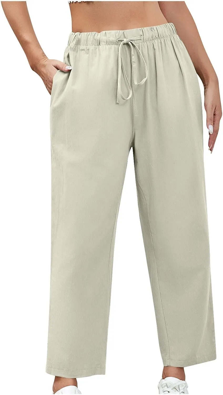 Women's Cotton Linen Summer Pants Wide Leg Casual Drawstring Elastic Pants Fashion Solid Color Trousers with Pockets