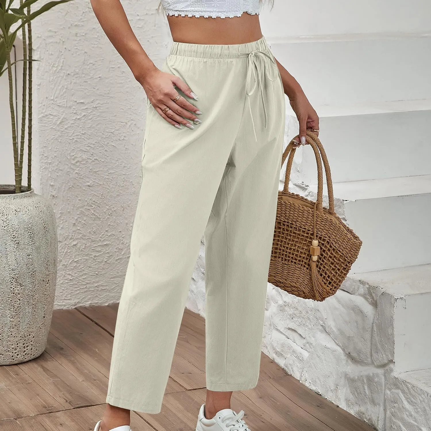 Women's Cotton Linen Summer Pants Wide Leg Casual Drawstring Elastic Pants Fashion Solid Color Trousers with Pockets