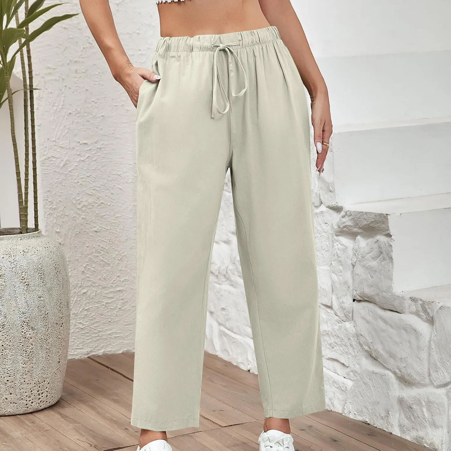 Women's Cotton Linen Summer Pants Wide Leg Casual Drawstring Elastic Pants Fashion Solid Color Trousers with Pockets