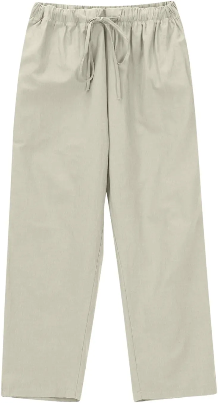 Women's Cotton Linen Summer Pants Wide Leg Casual Drawstring Elastic Pants Fashion Solid Color Trousers with Pockets
