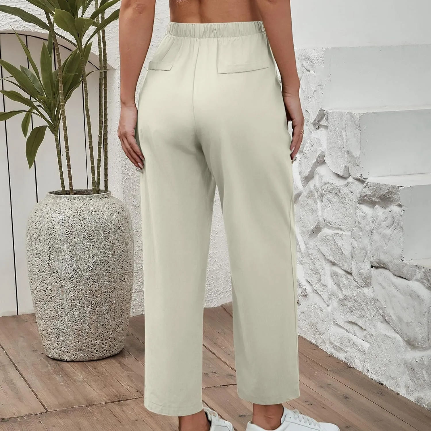 Women's Cotton Linen Summer Pants Wide Leg Casual Drawstring Elastic Pants Fashion Solid Color Trousers with Pockets