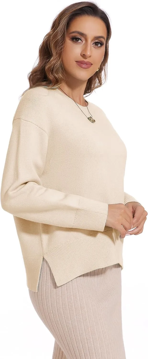 Women's Crewneck Long Sleeve Sweaters 2024 Fall Winter Loose Casual Ribbed Knit Side Slit Pullover Tops