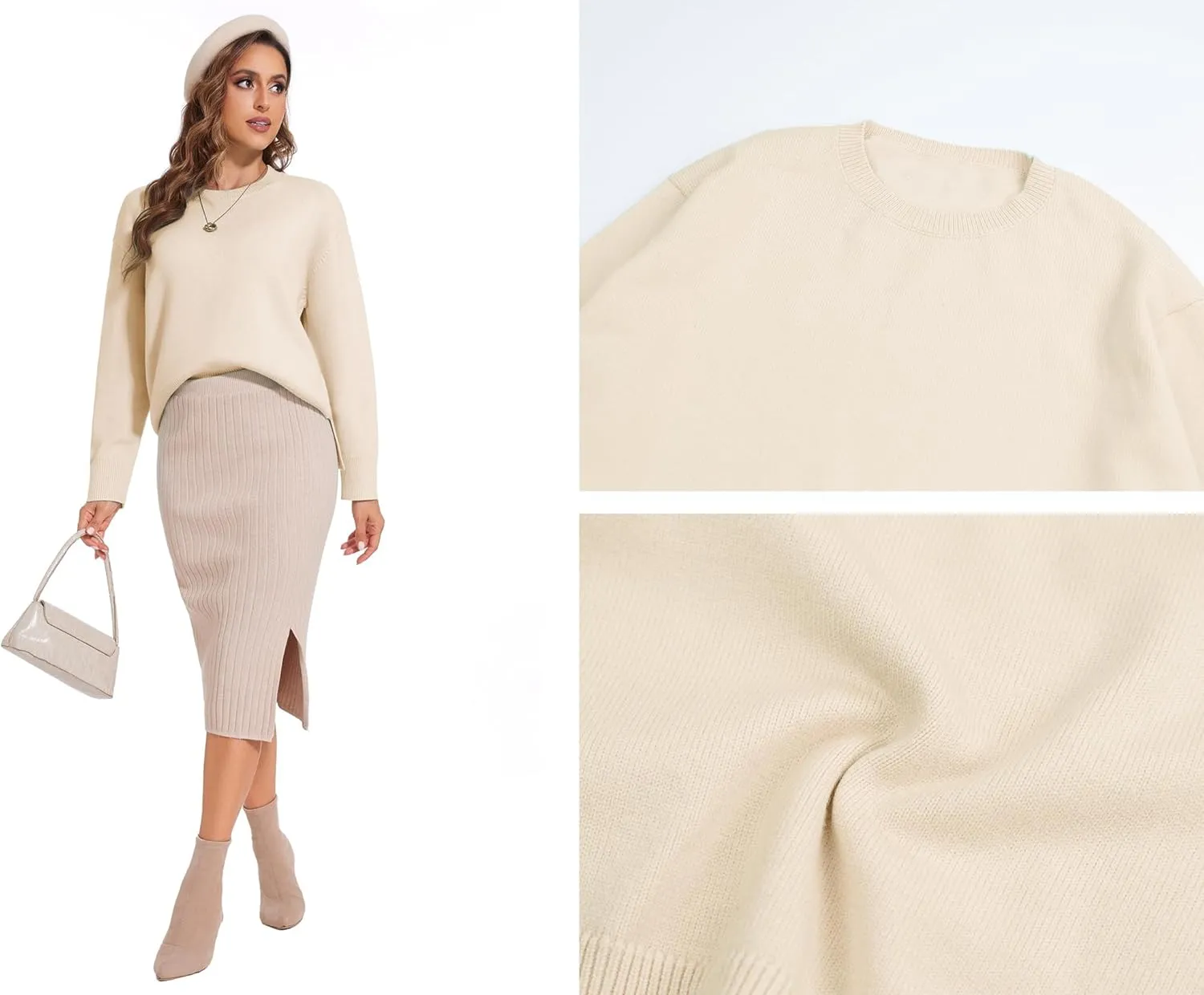 Women's Crewneck Long Sleeve Sweaters 2024 Fall Winter Loose Casual Ribbed Knit Side Slit Pullover Tops
