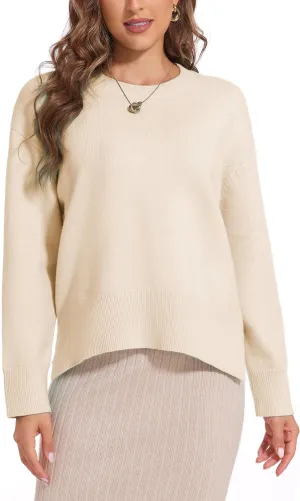 Women's Crewneck Long Sleeve Sweaters 2024 Fall Winter Loose Casual Ribbed Knit Side Slit Pullover Tops