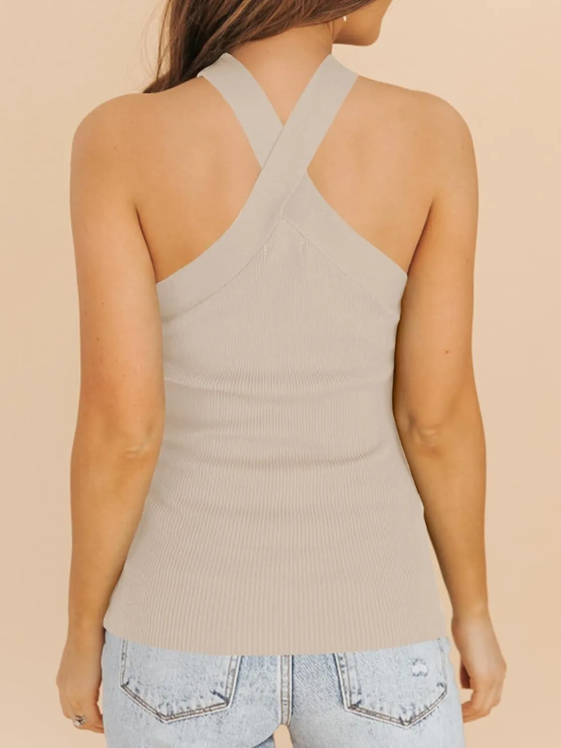 Womens Criss Cross Halter Sweater Vest Tops Summer Sleeveless Pullover Casual Lightweight V Neck Knit Tank Top