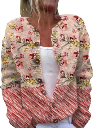 Women's Cute Pattern Printed Sweater Cardigan Long Sleeve Button Open Love Heart Knitted Sweater Outwear Coat