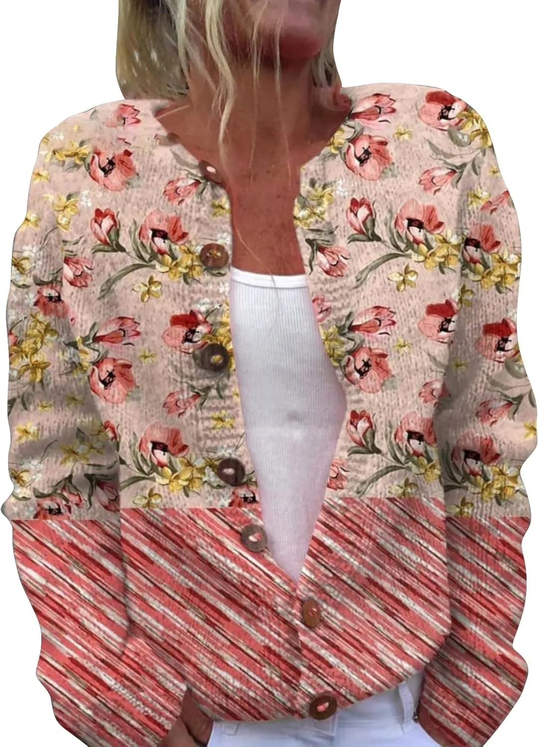 Women's Cute Pattern Printed Sweater Cardigan Long Sleeve Button Open Love Heart Knitted Sweater Outwear Coat