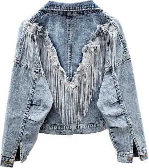 Women's Denim Jacket Coat Streetwear Female Women Jean Jackets Outerwear Fringed Rivet Girl,L