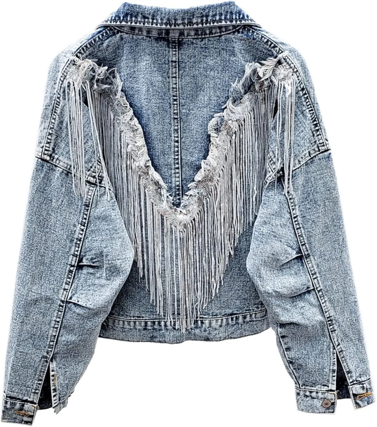 Women's Denim Jacket Coat Streetwear Female Women Jean Jackets Outerwear Fringed Rivet Girl,L