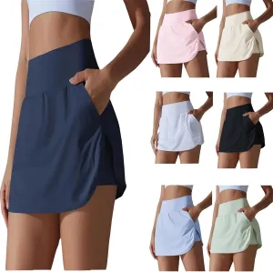 Womens Fake Two-Piece Athletic Tennis Skorts Elastic High Waist Cool Sun Protection Yoga Fitness Sports Skirts Shorts