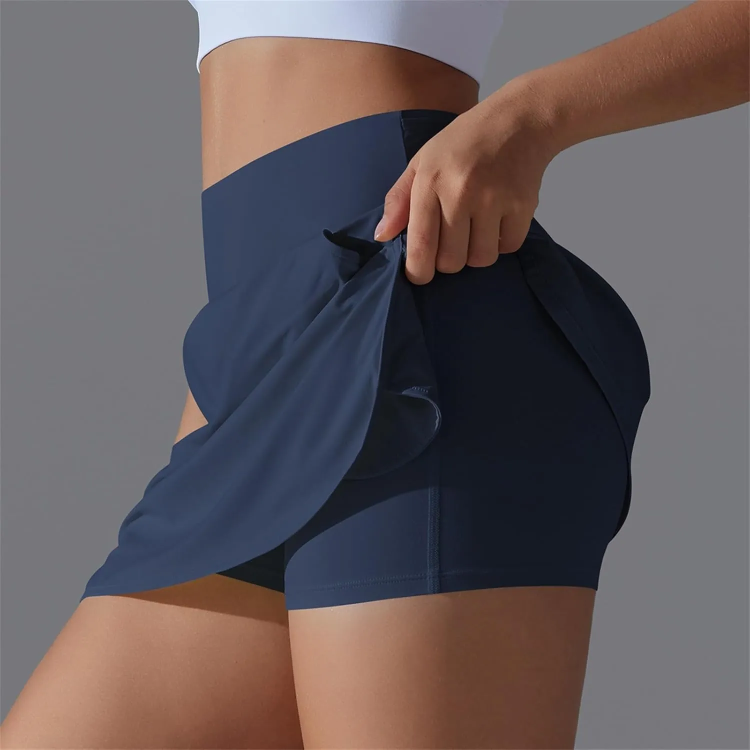 Womens Fake Two-Piece Athletic Tennis Skorts Elastic High Waist Cool Sun Protection Yoga Fitness Sports Skirts Shorts