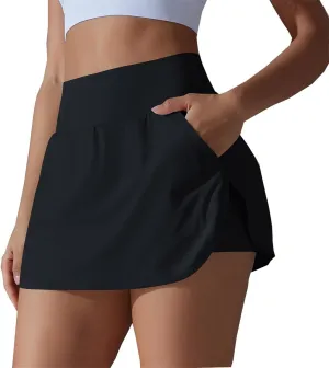 Womens Fake Two-Piece Athletic Tennis Skorts Elastic High Waist Cool Sun Protection Yoga Fitness Sports Skirts Shorts