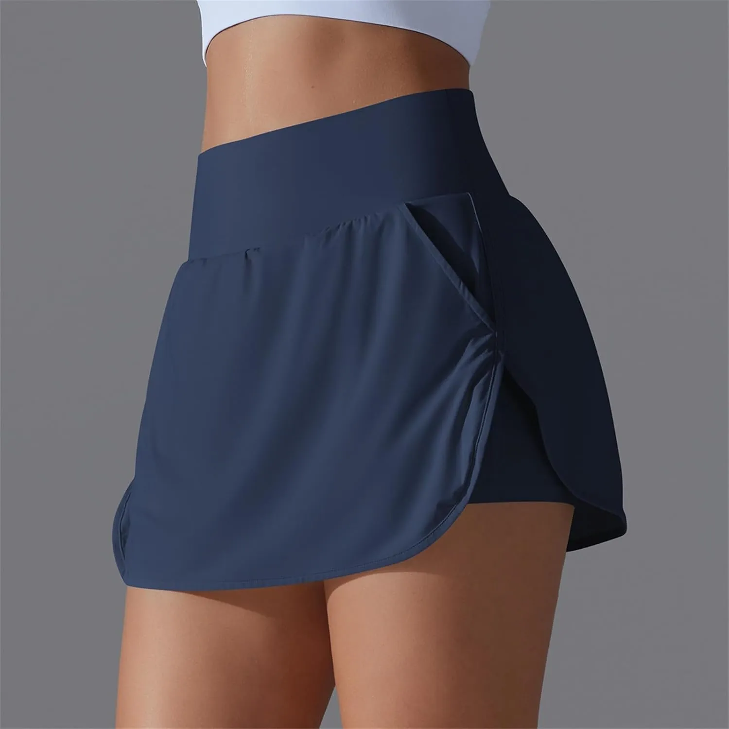Womens Fake Two-Piece Athletic Tennis Skorts Elastic High Waist Cool Sun Protection Yoga Fitness Sports Skirts Shorts