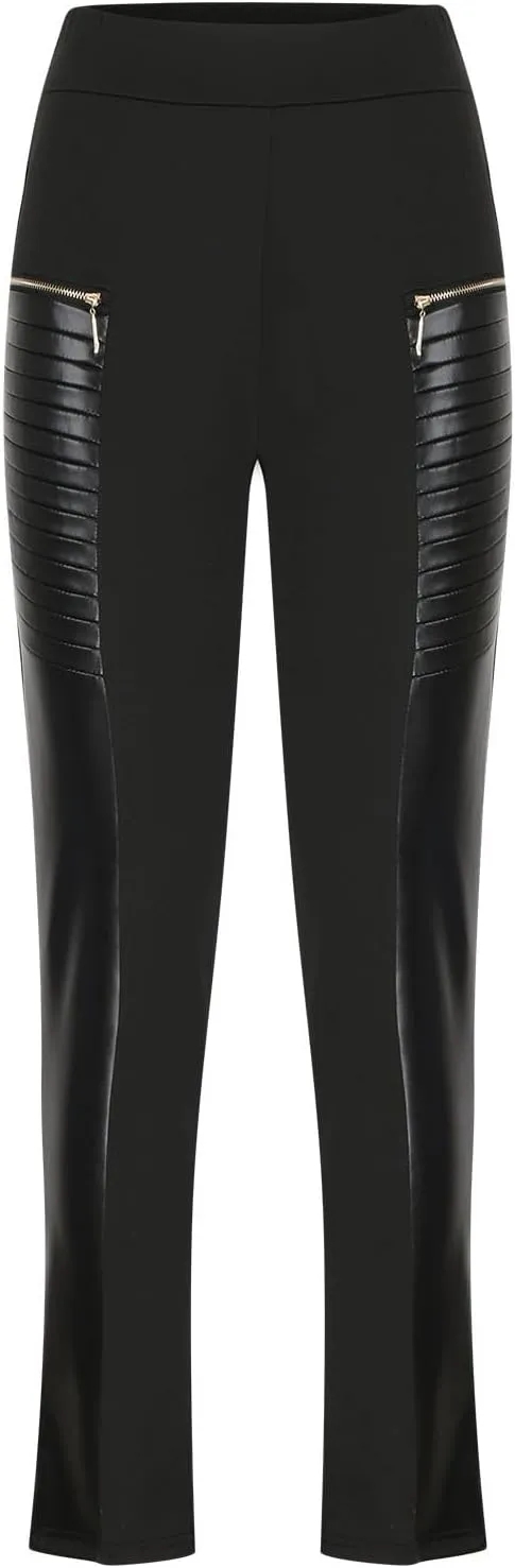 Women's Faux Leather Pants Elastic High Waist Zip Detail Straight Leg Cropped Ankle Trousers Casual Skinny Pants
