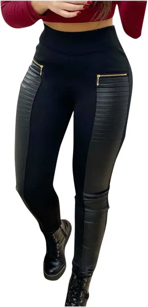 Women's Faux Leather Pants Elastic High Waist Zip Detail Straight Leg Cropped Ankle Trousers Casual Skinny Pants