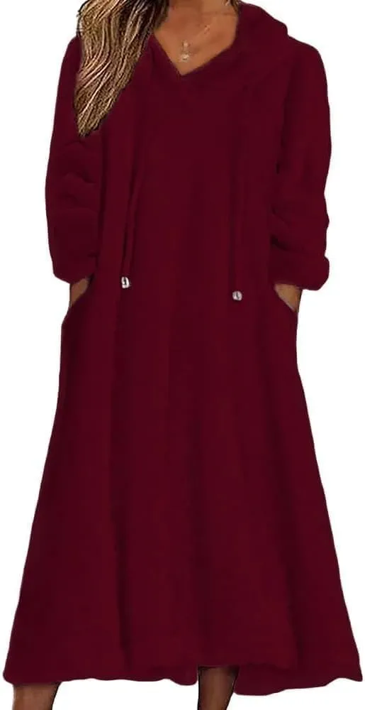 Womens Fuzzy Hooded Long Fleece Dress Fall Winter Fleece Dresses with Pockets