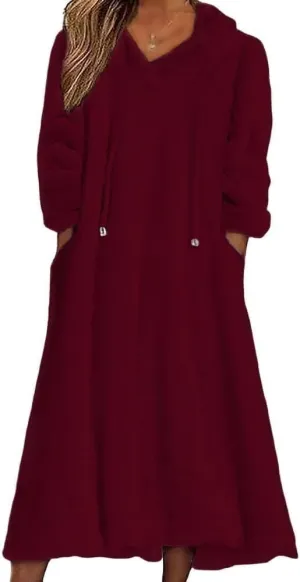 Womens Fuzzy Hooded Long Fleece Dress Fall Winter Fleece Dresses with Pockets