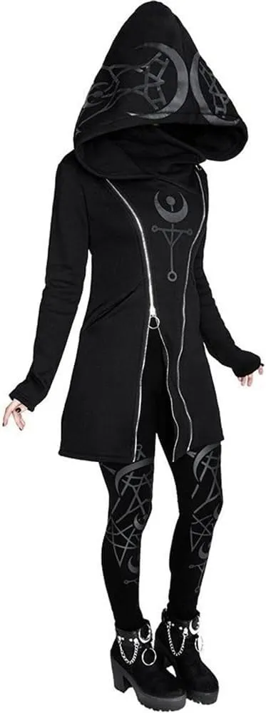 Women's Gothic Hoodie Jackets Punk Coats Goth Long Sleeve Hooded Sweatshirt Zip Up Cardigan Top Outwear