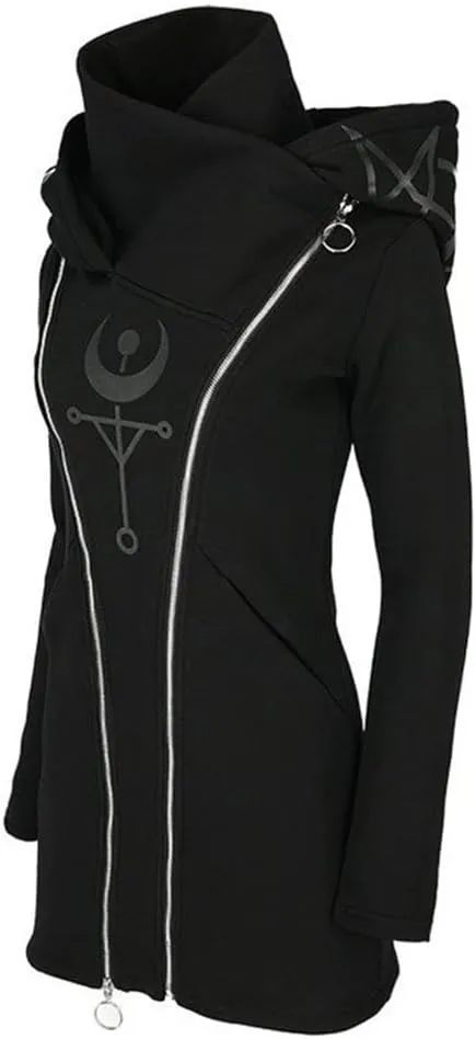 Women's Gothic Hoodie Jackets Punk Coats Goth Long Sleeve Hooded Sweatshirt Zip Up Cardigan Top Outwear
