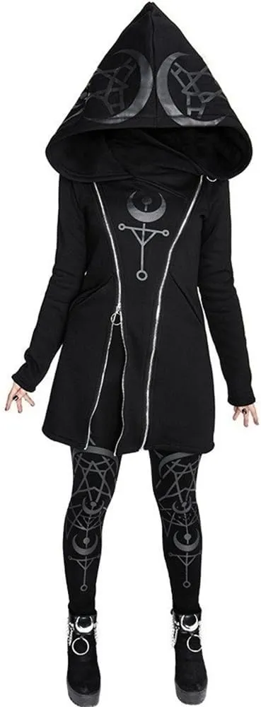 Women's Gothic Hoodie Jackets Punk Coats Goth Long Sleeve Hooded Sweatshirt Zip Up Cardigan Top Outwear