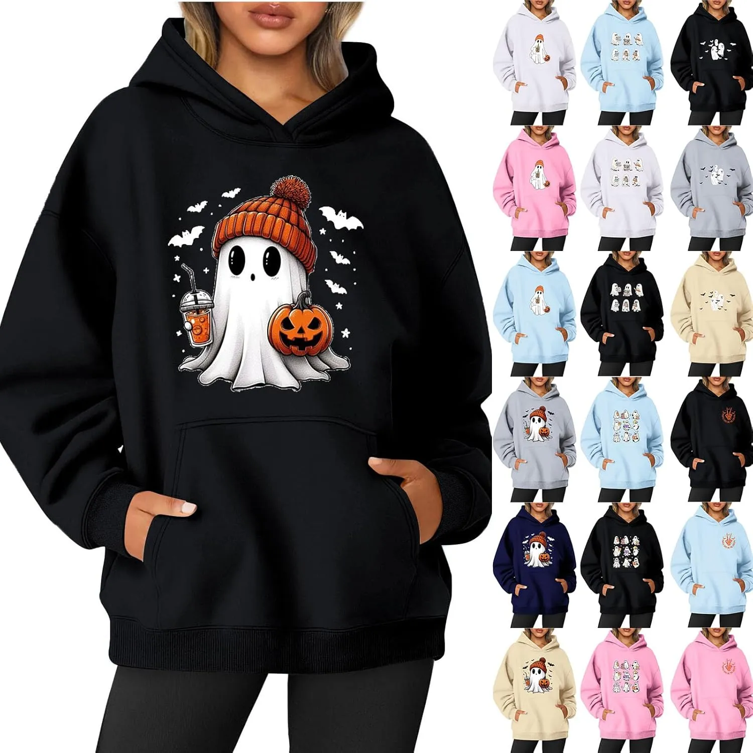 Women's Halloween Spooky Season Hoodie,Cute Ghost Graphic Sweatshirts Funny Pumpkin Face Tops Long Sleeve Hoodie 2024