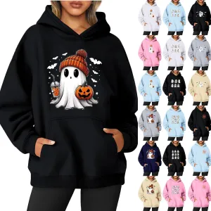 Women's Halloween Spooky Season Hoodie,Cute Ghost Graphic Sweatshirts Funny Pumpkin Face Tops Long Sleeve Hoodie 2024