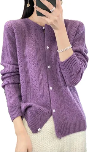 Womens Lightweight Wool Sweater Long Sleeve Button Down Crew Neck Casual Loose Knit Cardigan Coat