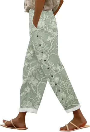 Womens Linen Capri Pants Elastic Waist Drawstring Petite Summer Beachwear Straight Leg Lounge Trousers with Pockets