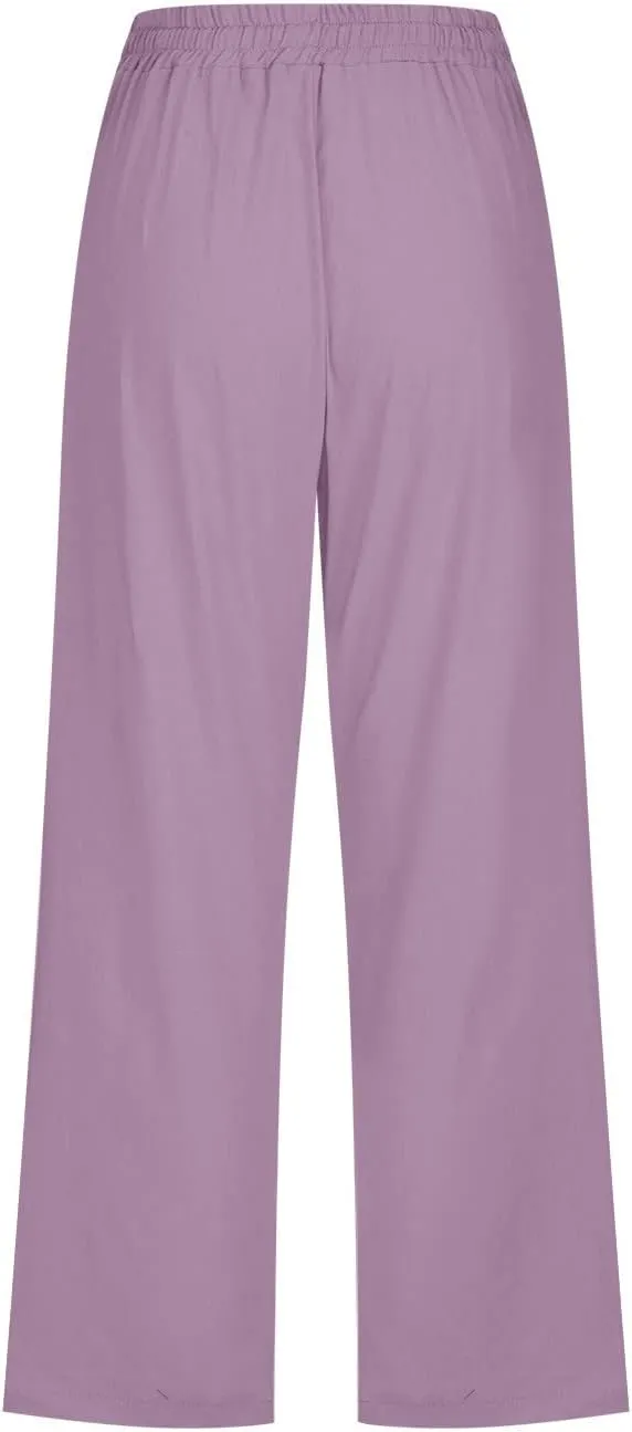 Women's Linen Capri Pants High Waisted Wide Leg Capris Drawstring Summer Casual Loose Cropped Trousers with Pockets