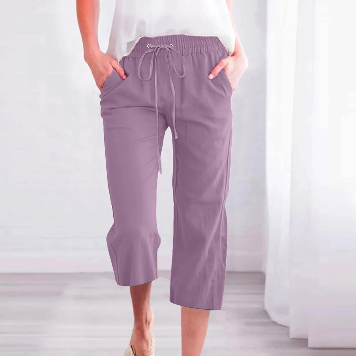 Women's Linen Capri Pants High Waisted Wide Leg Capris Drawstring Summer Casual Loose Cropped Trousers with Pockets