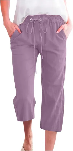 Women's Linen Capri Pants High Waisted Wide Leg Capris Drawstring Summer Casual Loose Cropped Trousers with Pockets
