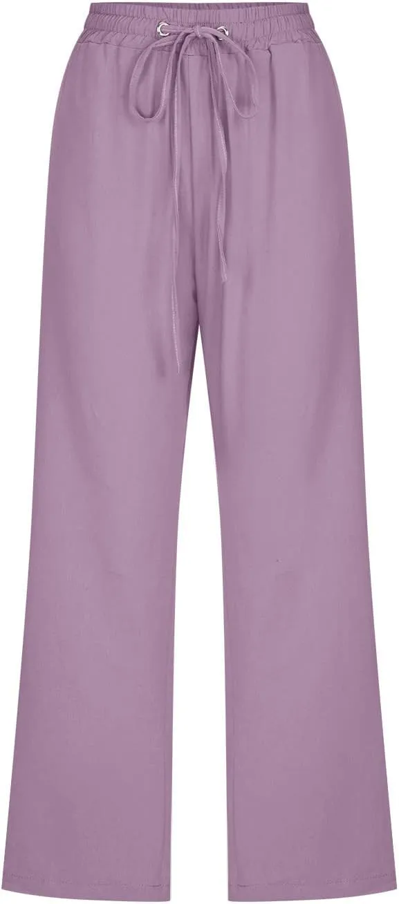 Women's Linen Capri Pants High Waisted Wide Leg Capris Drawstring Summer Casual Loose Cropped Trousers with Pockets