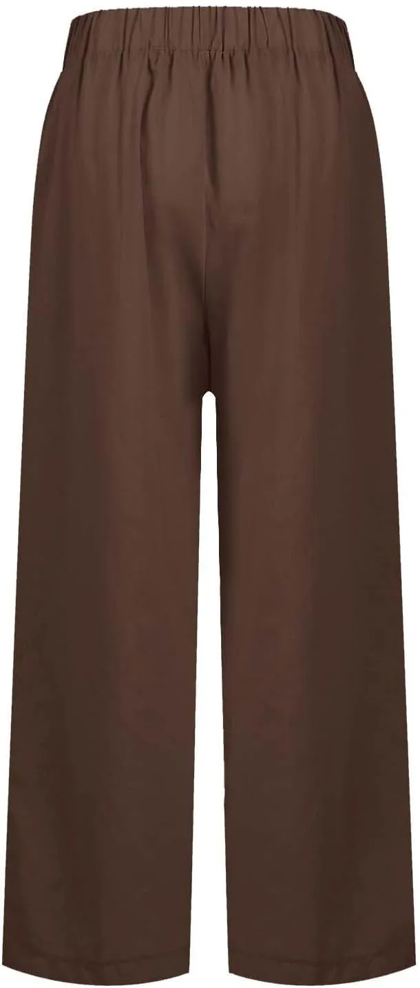 Womens Linen Cropped Pants High Waisted Summer Beach Pants Elastic Waist Tapered Pants Casual Ankle Length Trousers