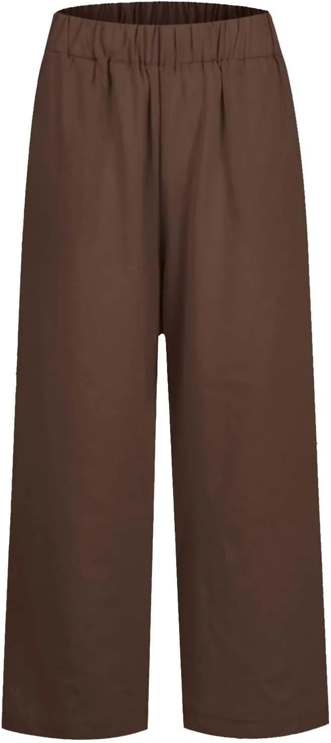 Womens Linen Cropped Pants High Waisted Summer Beach Pants Elastic Waist Tapered Pants Casual Ankle Length Trousers