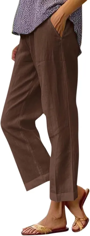 Womens Linen Cropped Pants High Waisted Summer Beach Pants Elastic Waist Tapered Pants Casual Ankle Length Trousers