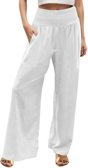 Women's Linen Palazzo Pants 2025 Summer Casual Loose Wide Leg Lounge Pants Beach Travel Vacation Outfits