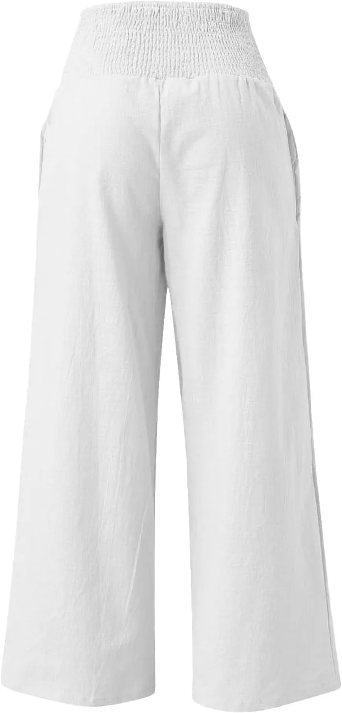 Women's Linen Palazzo Pants 2025 Summer Casual Loose Wide Leg Lounge Pants Beach Travel Vacation Outfits