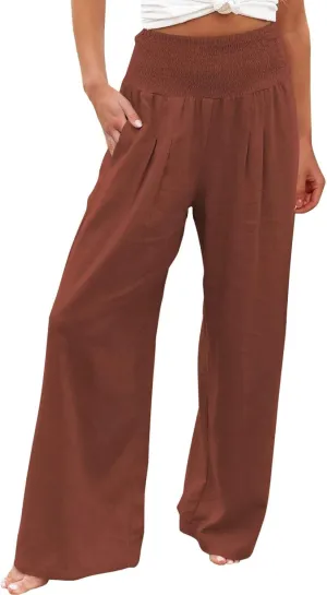 Women's Linen Palazzo Pants Summer Casual Smocked High Waisted Wide Leg Trousers Vacation Lounge Pants with Pockets