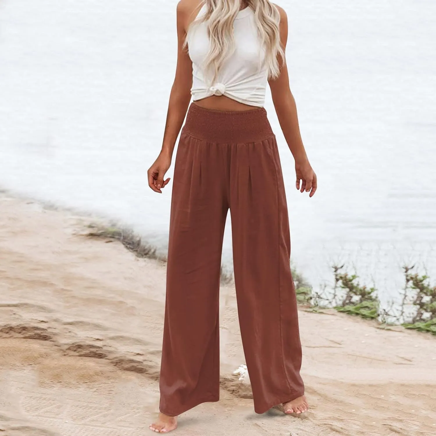 Women's Linen Palazzo Pants Summer Casual Smocked High Waisted Wide Leg Trousers Vacation Lounge Pants with Pockets