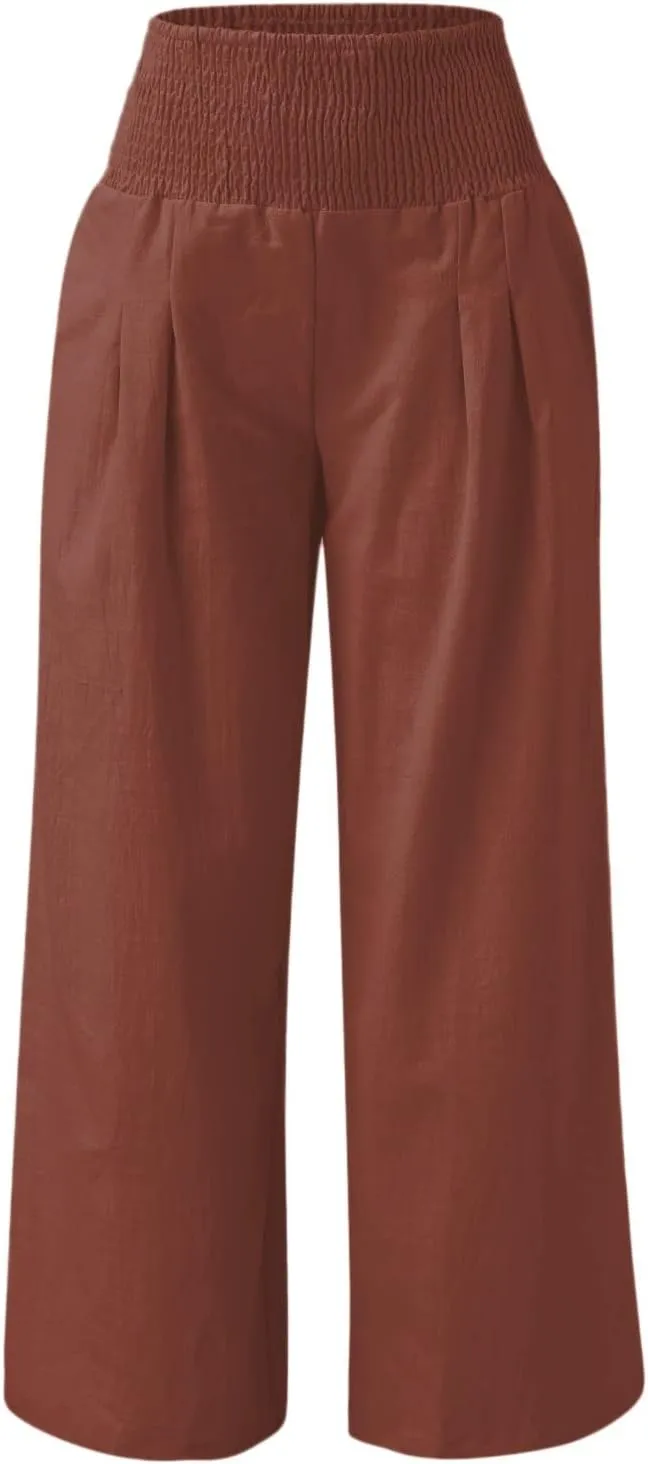 Women's Linen Palazzo Pants Summer Casual Smocked High Waisted Wide Leg Trousers Vacation Lounge Pants with Pockets
