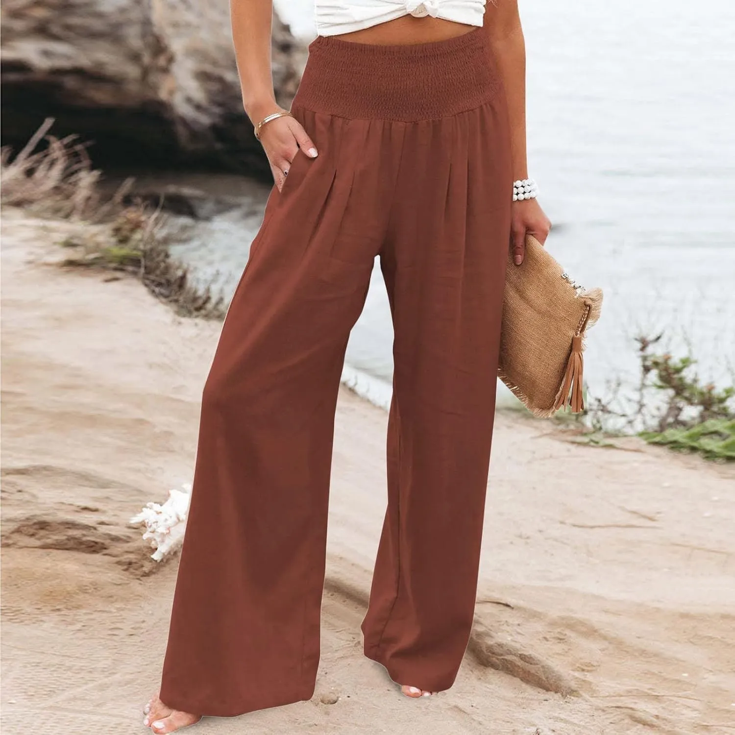 Women's Linen Palazzo Pants Summer Casual Smocked High Waisted Wide Leg Trousers Vacation Lounge Pants with Pockets