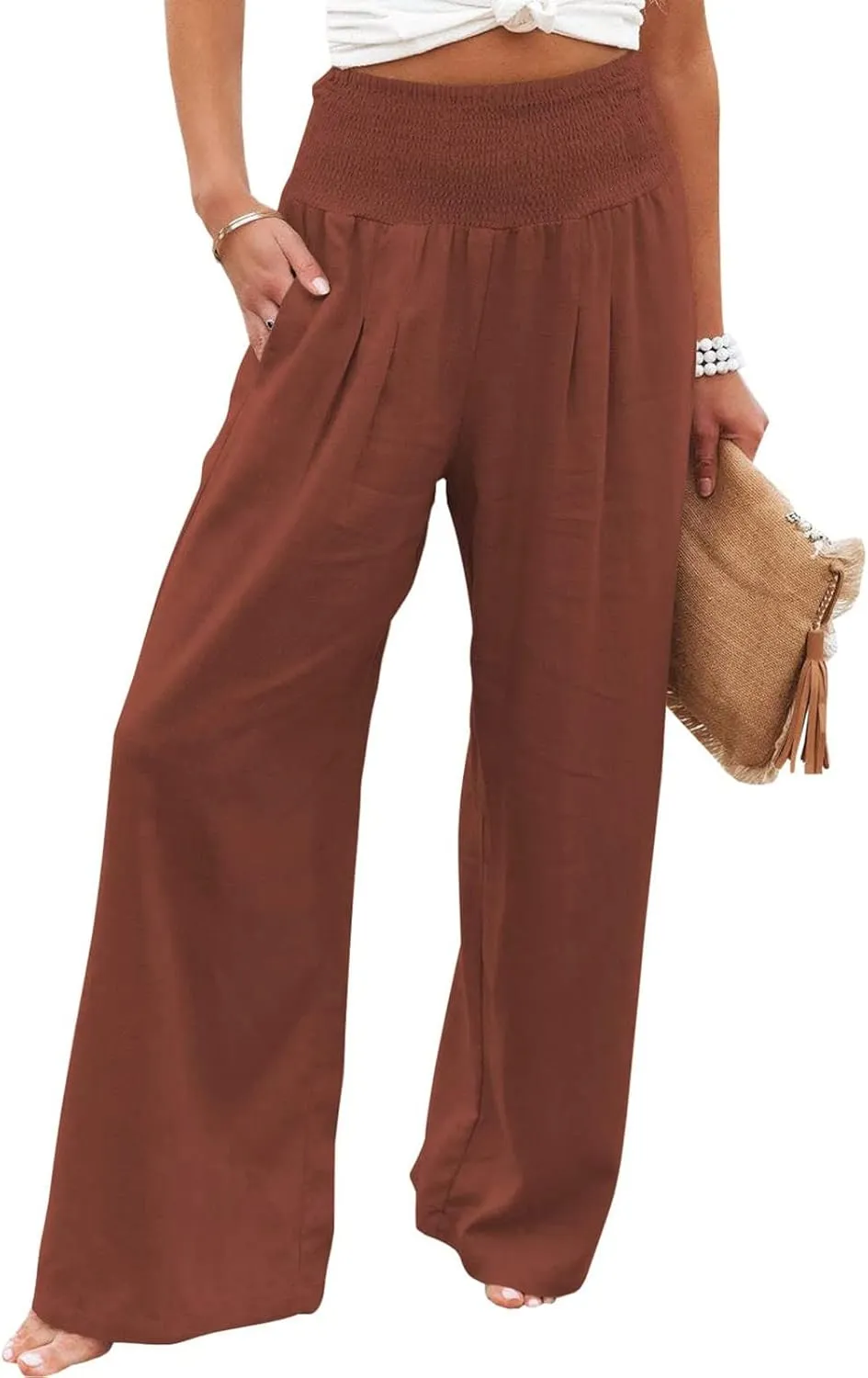Women's Linen Palazzo Pants Summer Casual Smocked High Waisted Wide Leg Trousers Vacation Lounge Pants with Pockets